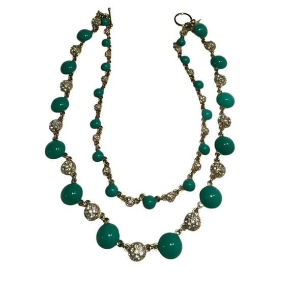 Ann Taylor Gold Tone Turquoise Rhinestone Double Chain Statement Necklace - Picture 6 of 7